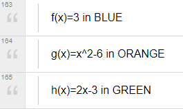 Key: Graphs of f(x)=3 in blue, g(x)=x^2-6 in orange, h(x)=2x-3