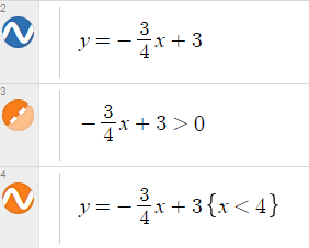 Key: -3/4x+3 is solid line, -3/4x+3>0 shaded with dotted line at x=4 and y=-3/4x+3 when x<4 is solid line