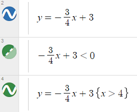 Key: -3/4x+3 is solid line, -3/4x+3<0 shaded with dotted line at x=4 and y=-3/4x+3 when x>4 is solid line