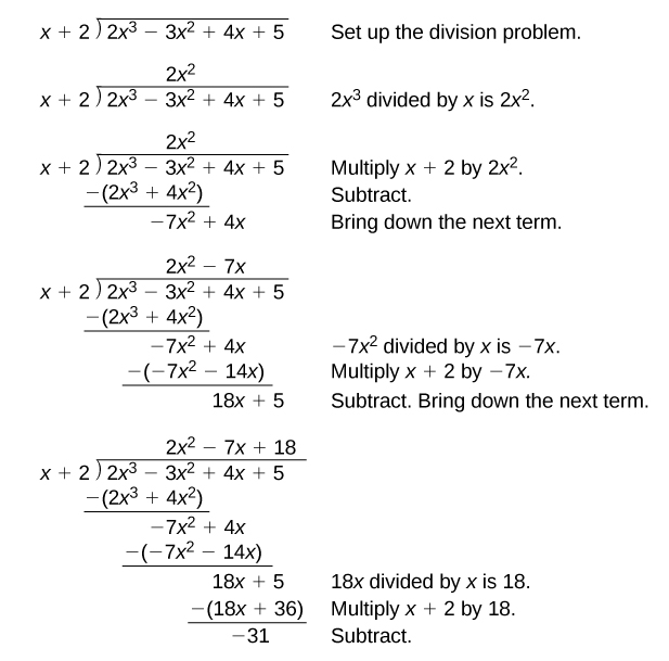 Set up the division problem. 2x cubed divided by x is 2x squared. Multiply the sum of x and 2 by 2x squared. Subtract. Then bring down the next term. Negative 7x squared divided by x is negative 7x. Multiply the sum of x and 2 by negative 7x. Subtract, then bring down the next term. 18x divided by x is 18. Multiply the sum of x and 2 by 18. Subtract.