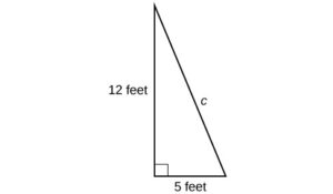 A right triangle with a base of 5 feet, a height of 12 feet, and a hypotenuse labeled c