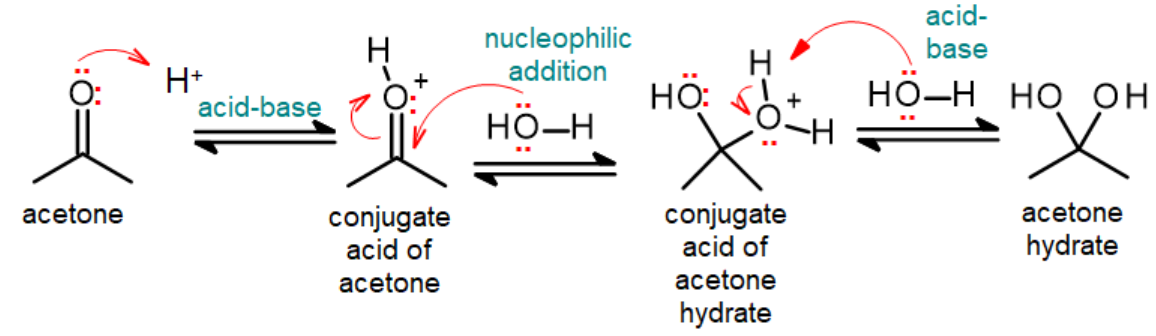 Mechanism for formation of acetone hydrate from acetone, by attachment of H+, nucleophilic addition of H2O then loss of H+.