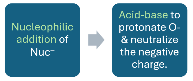Nucleophile adds to C=O, then O-minus is protonated