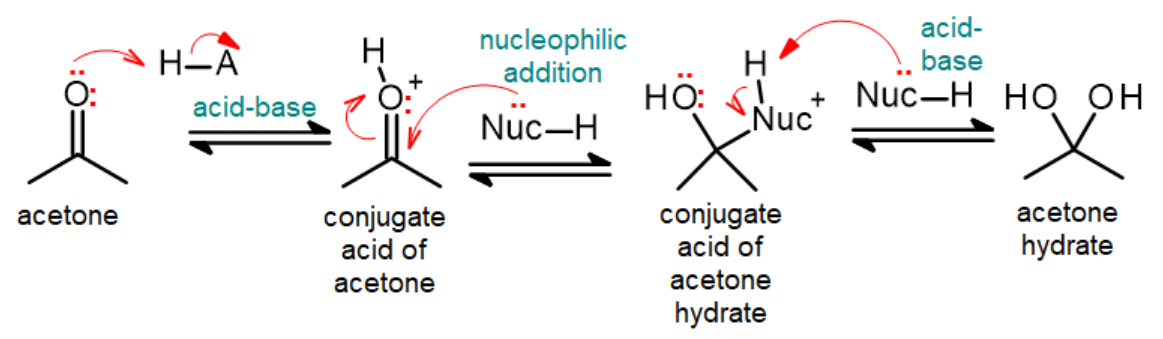 Graphic showing protonation on oxygen (acid-base), attack of the nucleophile (nucleophilic addition) then loss of H+ (acid-base). Overall, this gives addition of a nucleophile to a C=O.