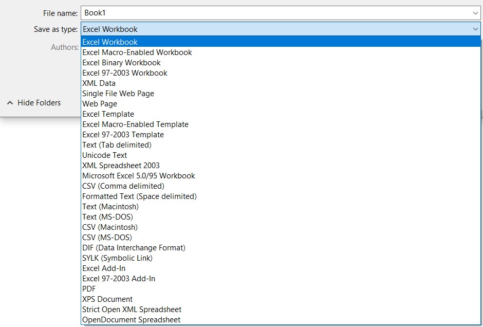 A dropdown menu in Microsoft Excel showing a "Save As" dialog box. The "Save as type" file format options listed include Excel Workbook, Excel Macro-Enabled Workbook, Excel Binary Workbook, Excel 97-2003 Workbook, XML Data, Single File Web Page, Web Page, Excel Template, Excel Macro-Enabled Template, Excel 97-2003 Template, Text (Tab delimited), Unicode Text, XML Spreadsheet 2003, Microsoft Excel 5.0/95 Workbook, CSV (Comma delimited), Formatted Text (Space delimited), Text (MS-DOS), CSV (Macintosh), CSV (MS-DOS), DIF (Data Interchange Format), SYLK (Symbolic Link), Excel Add-In, Excel 97-2003 Add-In, PDF, XPS Document, Strict Open XML Spreadsheet, and OpenDocument Spreadsheet. The file name is set to "Book1". On the left side of the window, there's an option to "Hide Folders".