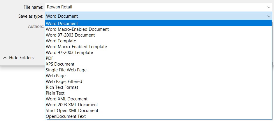 A dropdown menu in a "Save As" dialog box from Microsoft Word displaying file format options including Word Document, Word Macro-Enabled Document, Word 97-2003 Document, Word Template, Word Macro-Enabled Template, Word 97-2003 Template, PDF, XPS Document, Single File Web Page, Web Page, Web Page, Filtered, Rich Text Format, Plain Text, Word XML Document, Word 2003 XML Document, Strict Open XML Document, and OpenDocument Text.